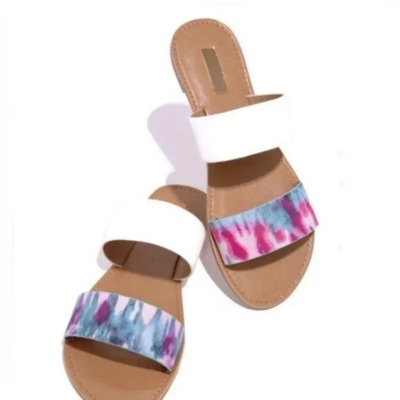 !! NEW !! White & Tie Dye Double Band Slide Sandals - Picture 3 of 4